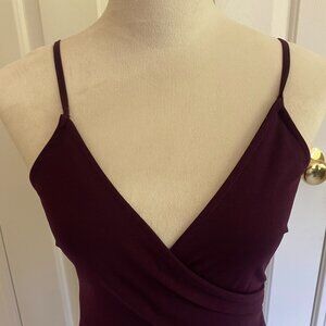 Dark purple, shirred, v-neck, lined, spandex dress, sz S, adjustable straps.